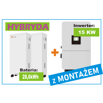 Inwerter hybrydowy  DEYE 15KW  + Magazyn energii 28,6 KWh z Montażem